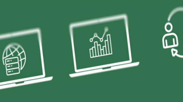 Graphic with computers that have icons on them